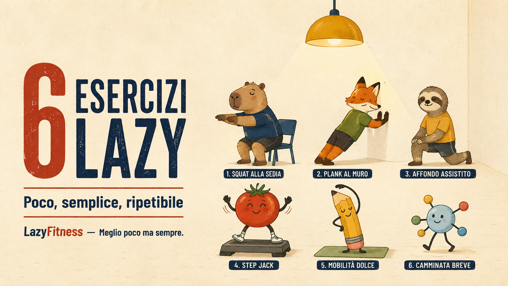 I 6 esercizi Lazy che ti rimettono in moto senza palestra (e senza diventare scemo)