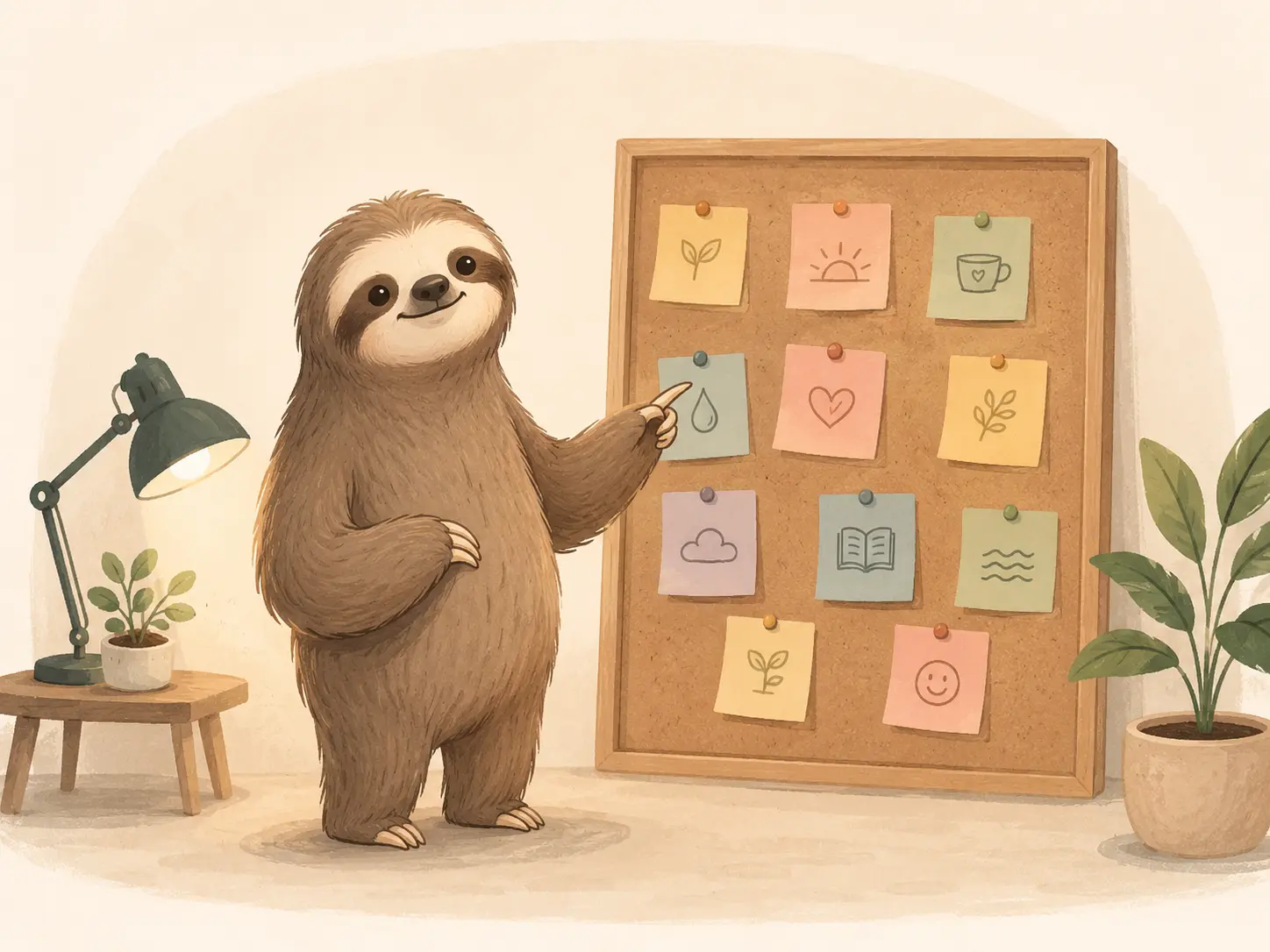 Bradipo indica una bacheca organizzata con post-it