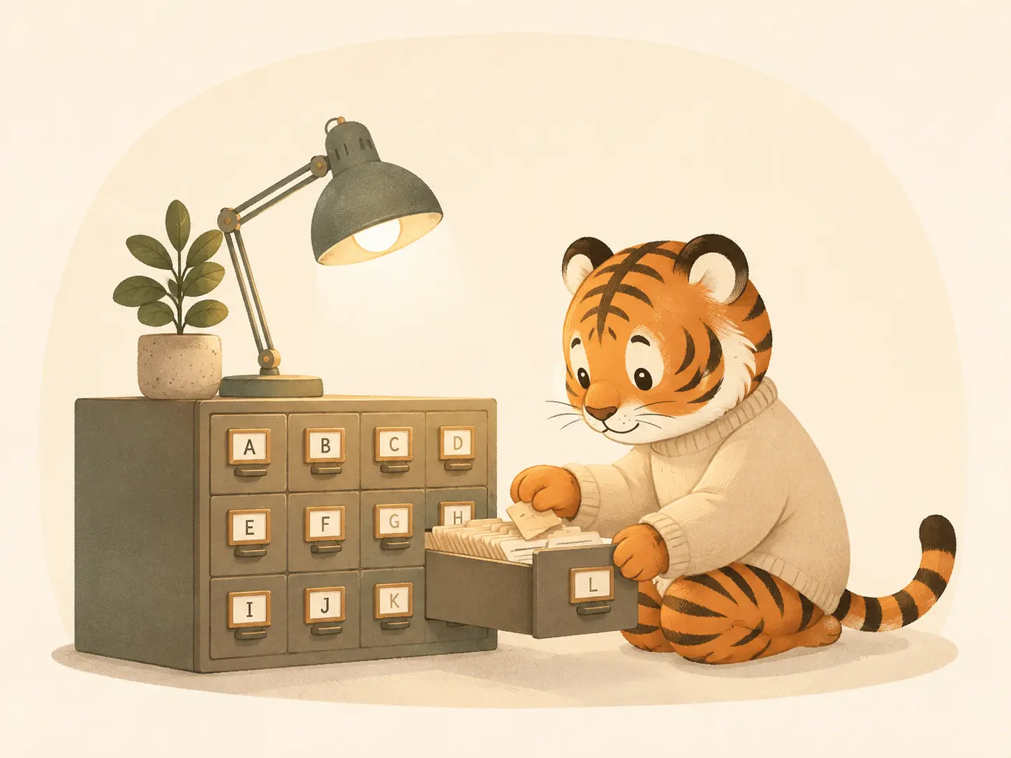 Tigre consulta uno schedario alfabetico del glossario