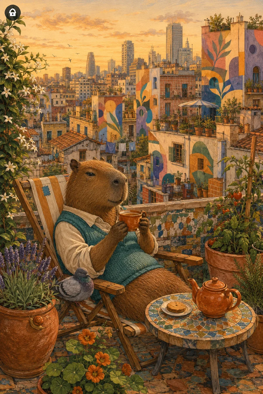 Lazy Paint: Capibara tranquillo su una terrazza affacciata sulla metropoli.
