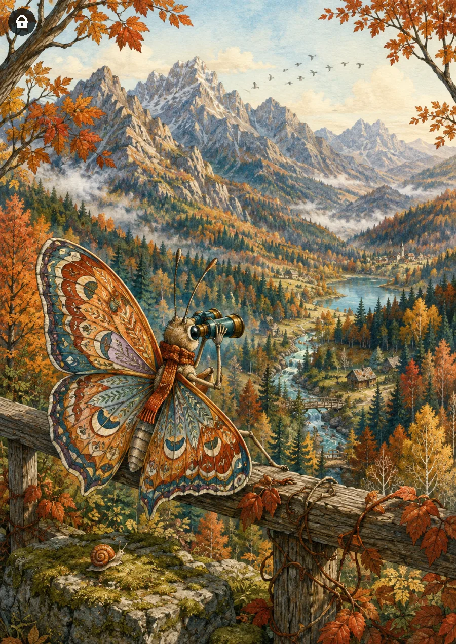 Lazy Paint: Farfalla con un binocolo davanti a una montagna autunnale.