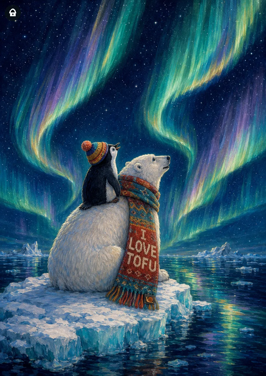 Lazy Paint: Orso e pinguino contemplano insieme un&rsquo;aurora luminosa.