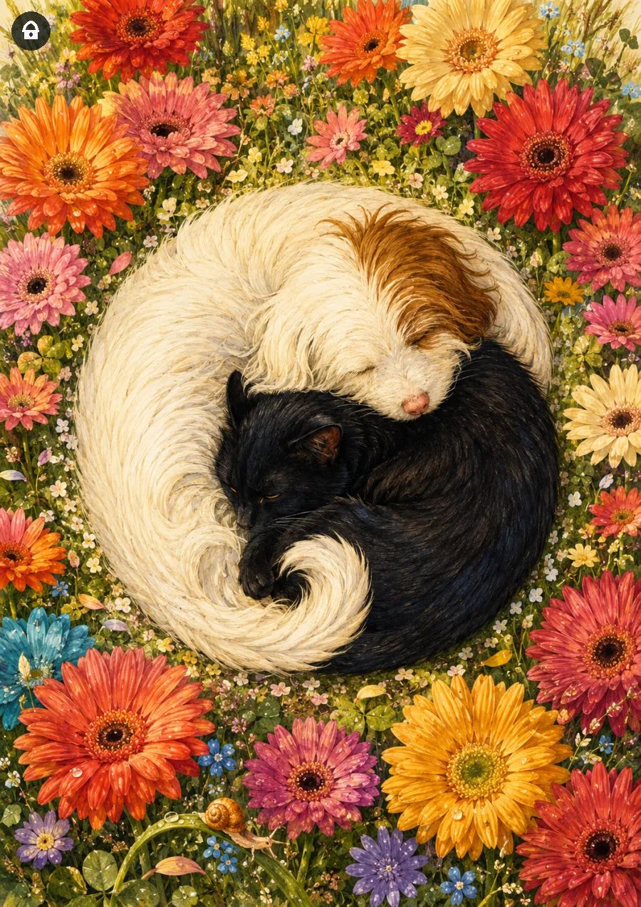 Lazy Paint: Cane e gatto formano uno yin e yang circondato da gerbere.
