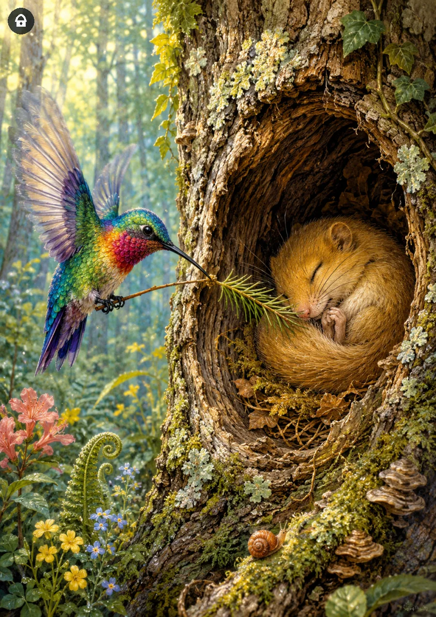 Lazy Paint: Un colibr&igrave; e un ghiro si incontrano tra i rami di un pino.