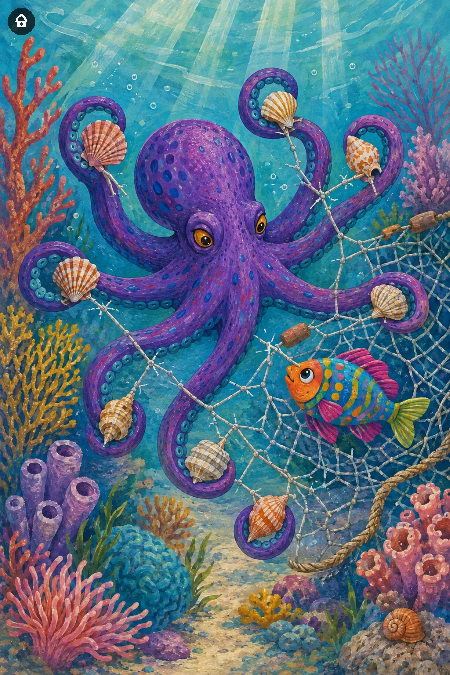 Lazy Paint: Polpo libera un pesce impigliato in una rete tra i coralli.