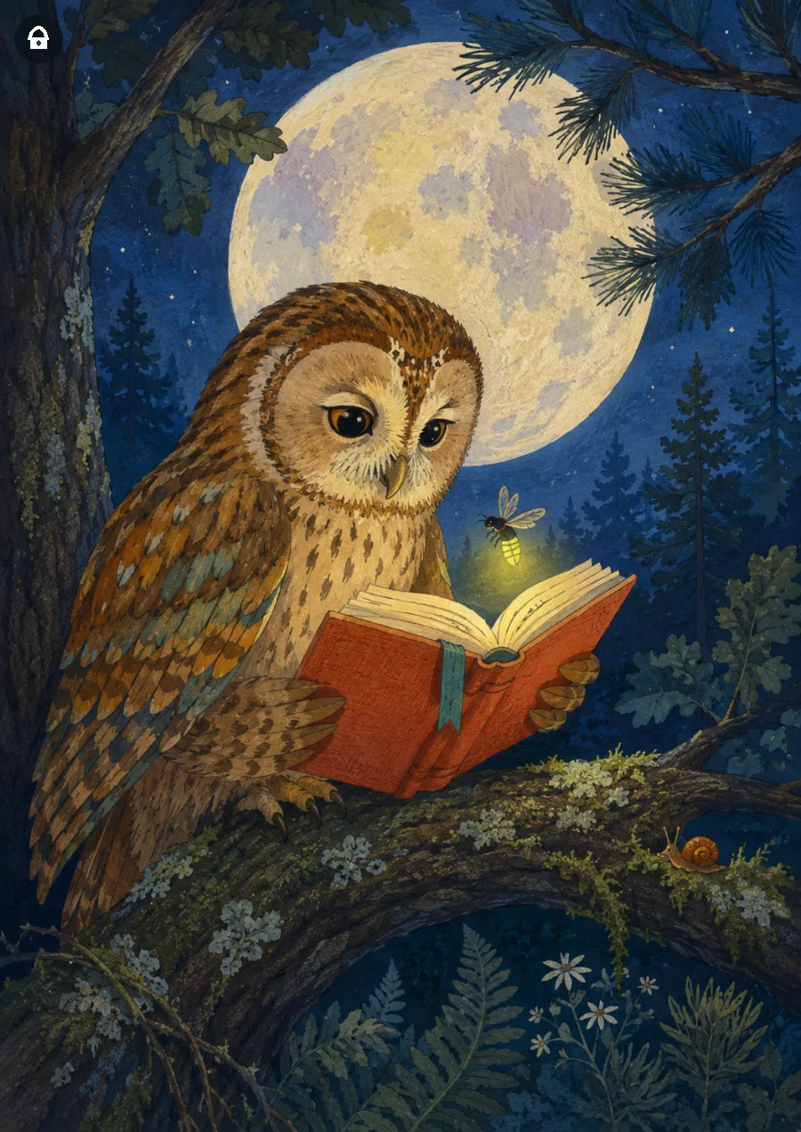 Lazy Paint: Gufo legge un libro sotto la luna accanto a una lucciola.