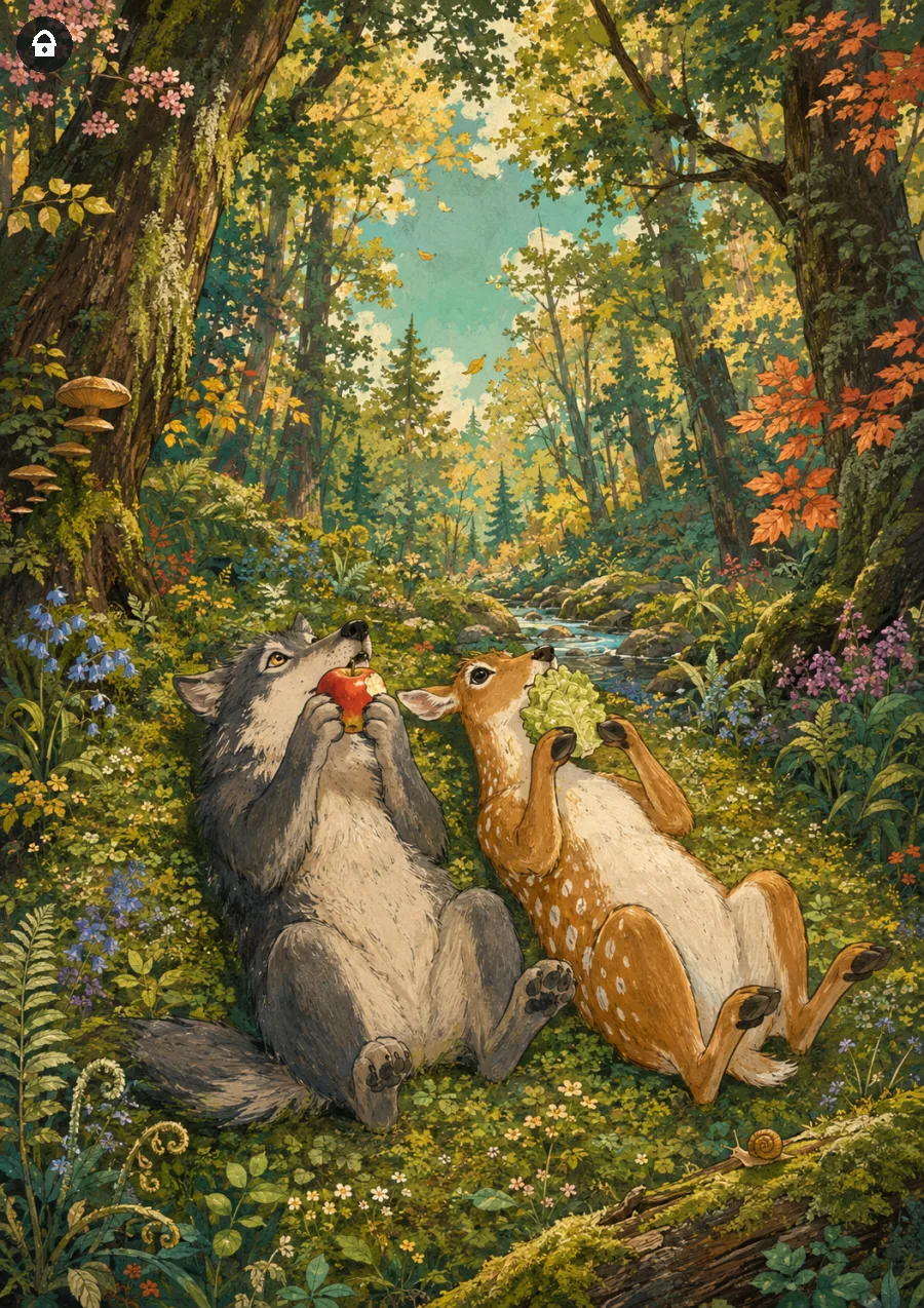 Lazy Paint: Lupo e daino condividono un momento quieto nella foresta.