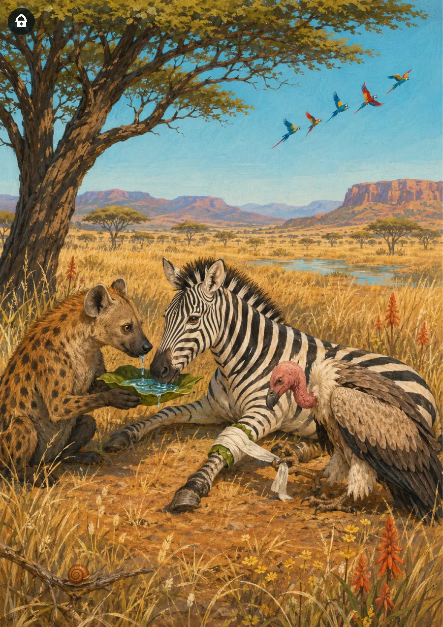 Lazy Paint: Zebra, iena e avvoltoio collaborano insieme nella savana.