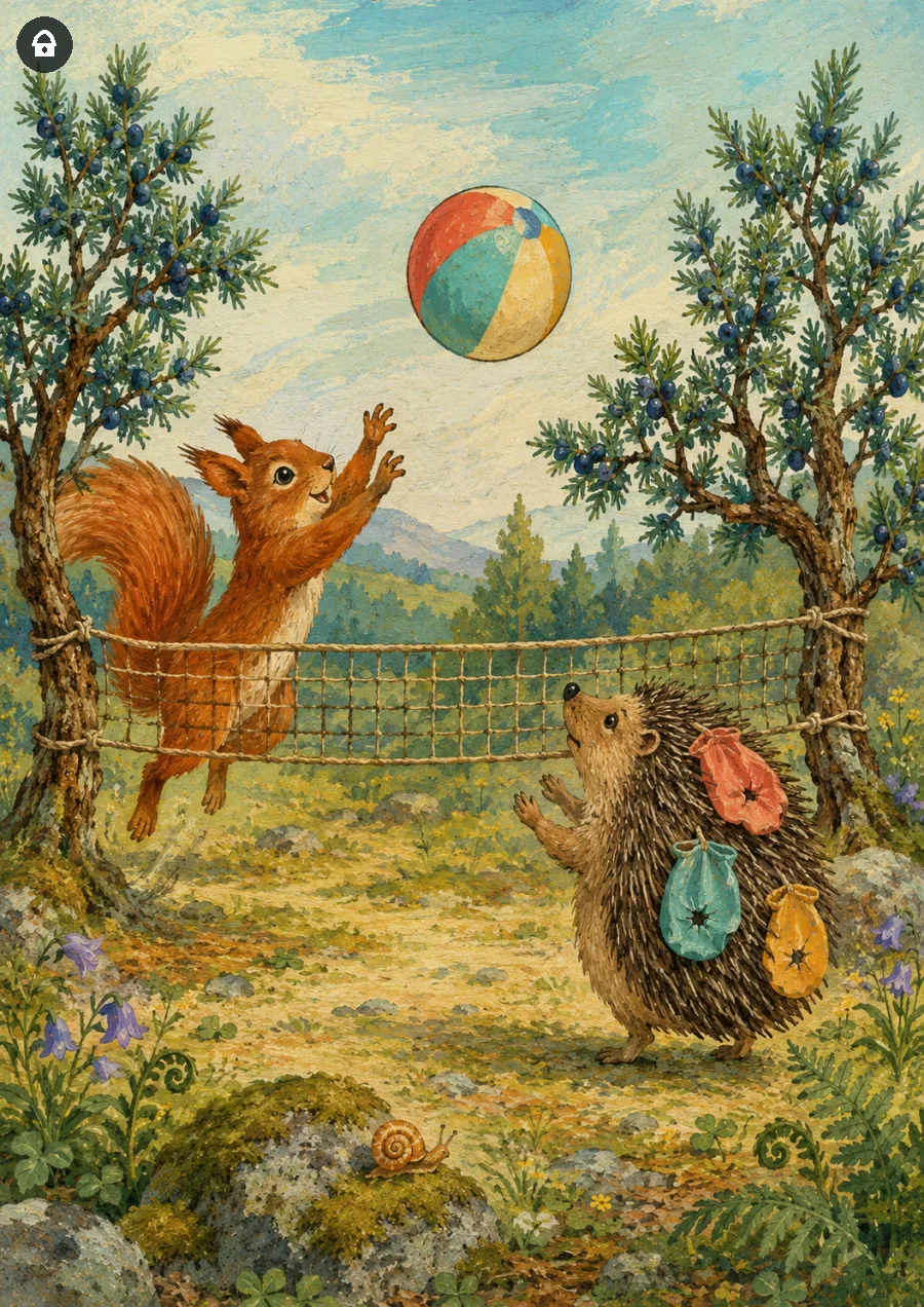 Lazy Paint: Scoiattolo e riccio si sfidano in una partita di pallavolo.
