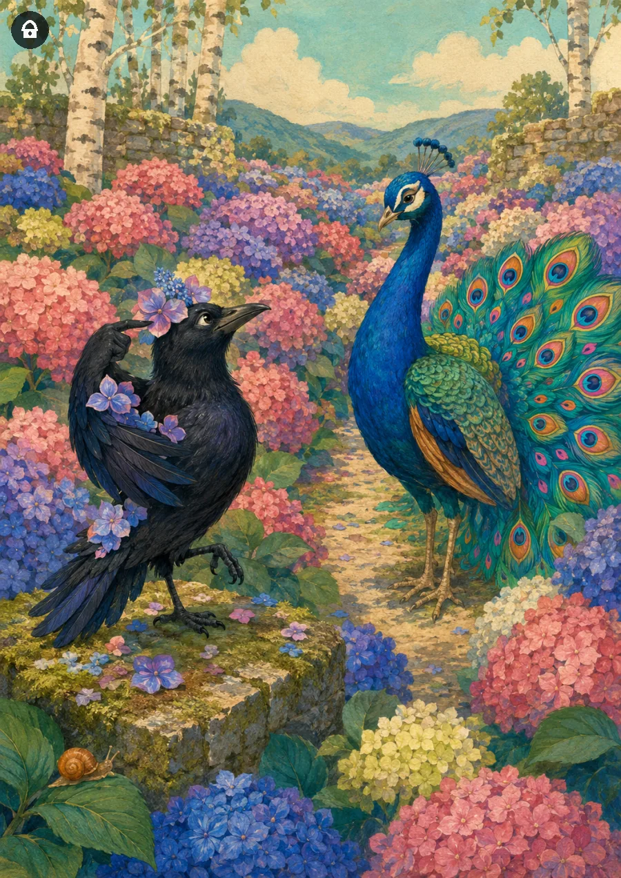 Lazy Paint: Cornacchia e pavone si osservano in un giardino di ortensie.