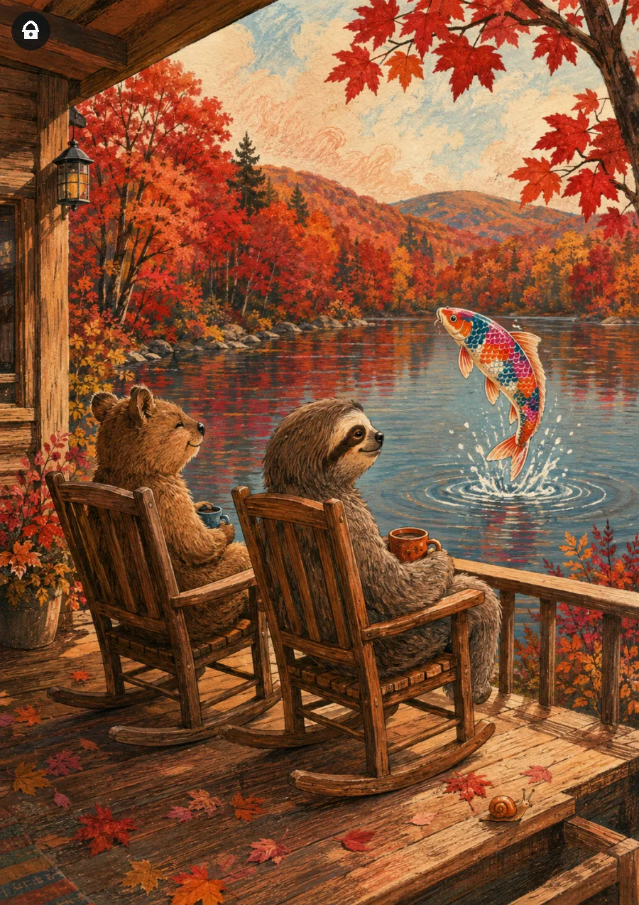 Lazy Paint: Quokka e bradipo riposano su una veranda in un paesaggio autunnale.