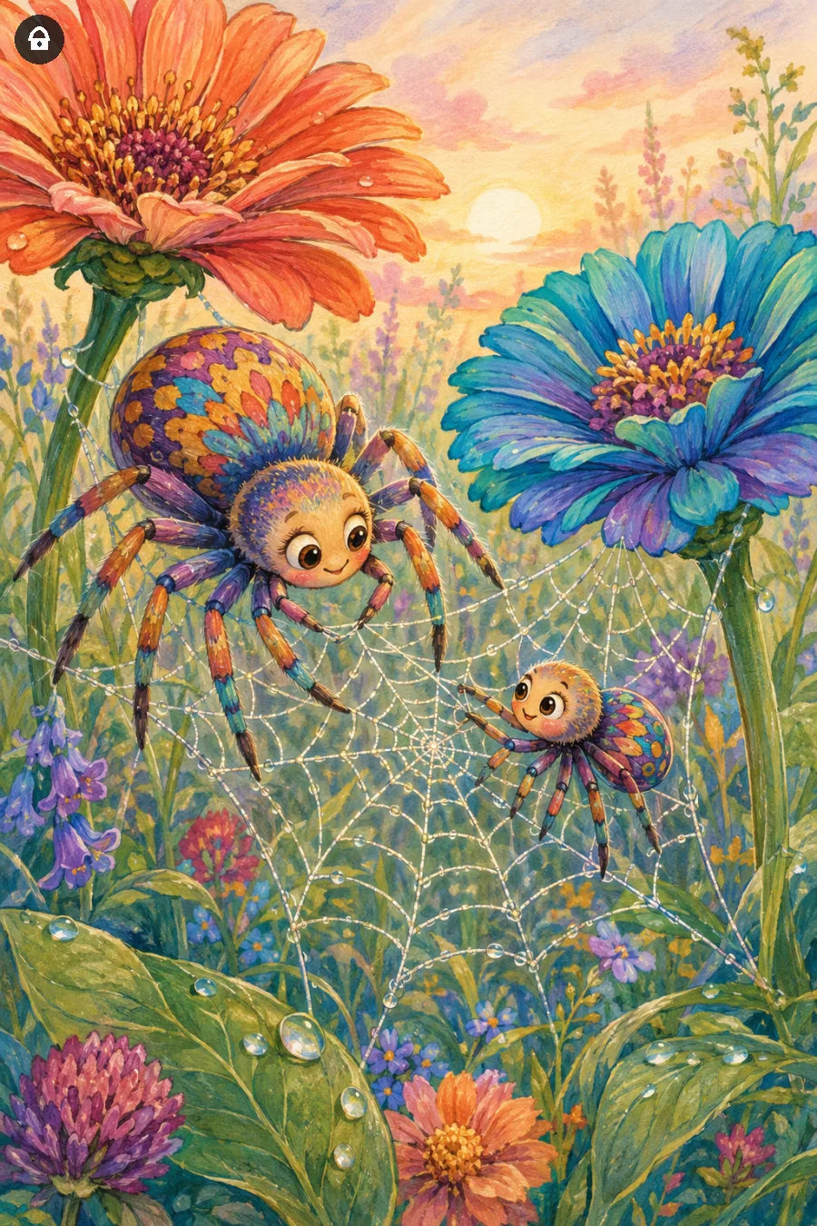 Lazy Paint: Ragni intrecciano una grande ragnatela decorata con fiori.