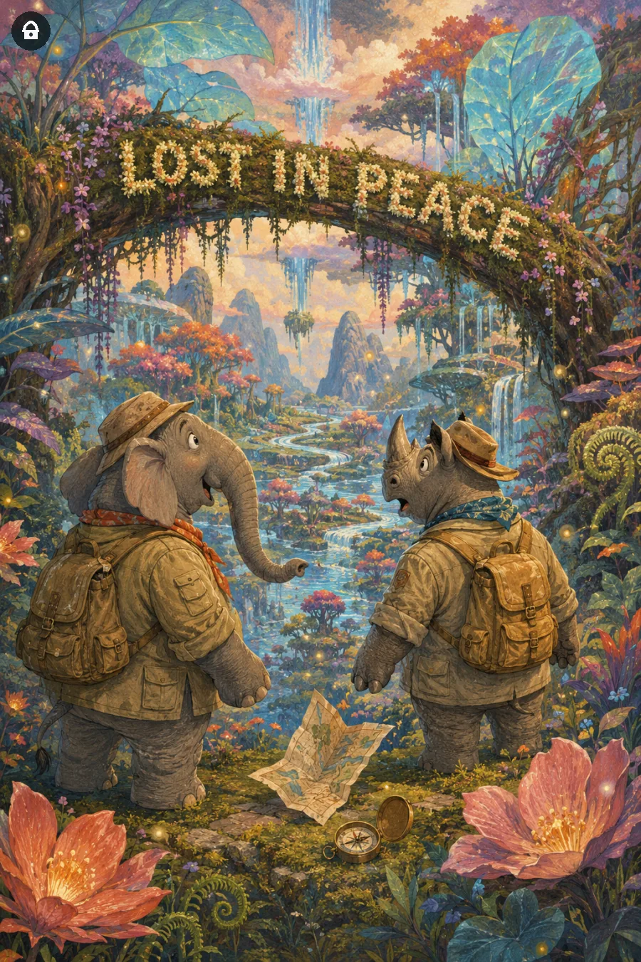 Lazy Paint: Elefante e rinoceronte si fermano in contemplazione sotto la scritta Lost in Peace.