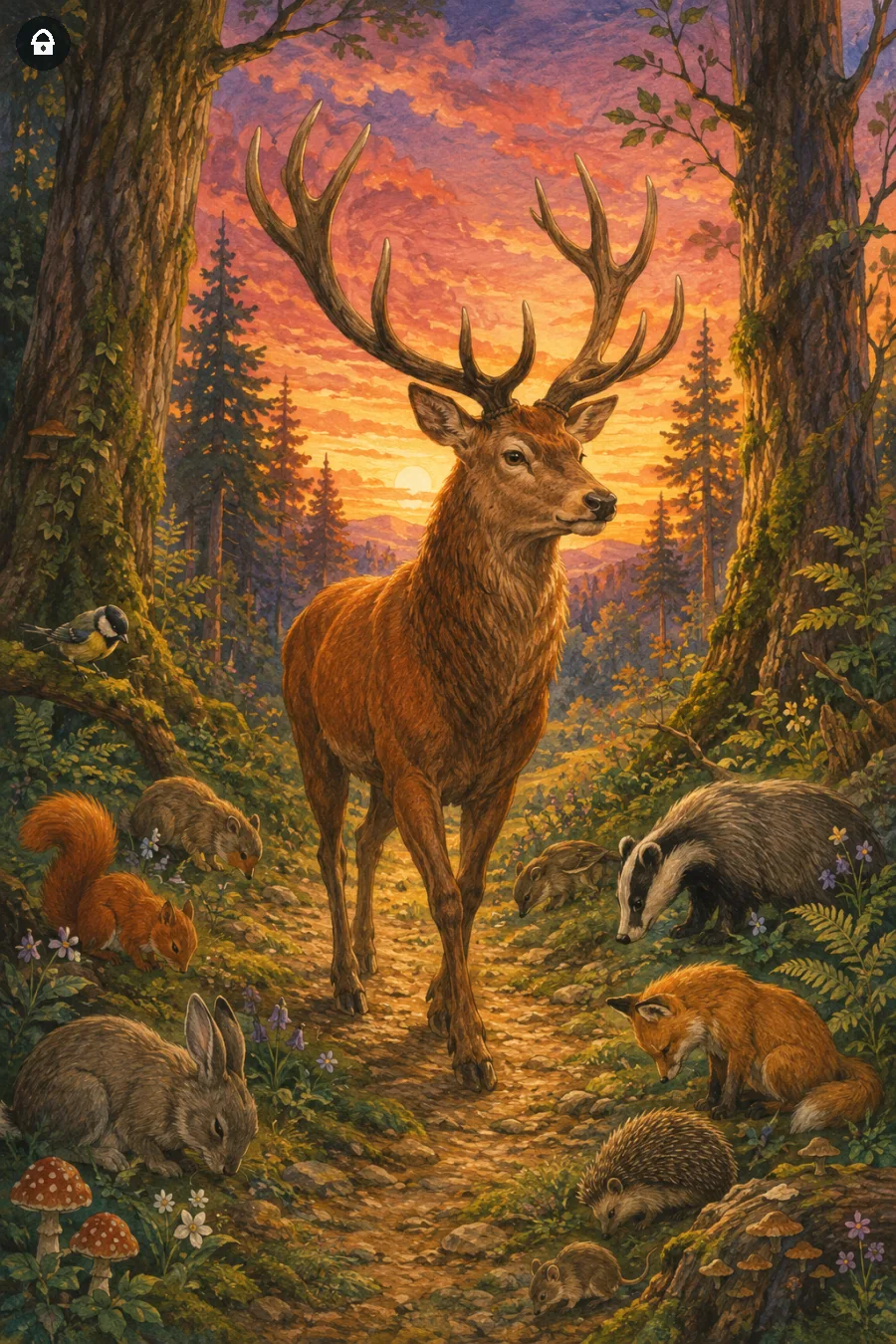 Un cervo dalle grandi corna al centro del bosco al tramonto, circondato da volpe, tasso, coniglio, riccio e piccoli animali.