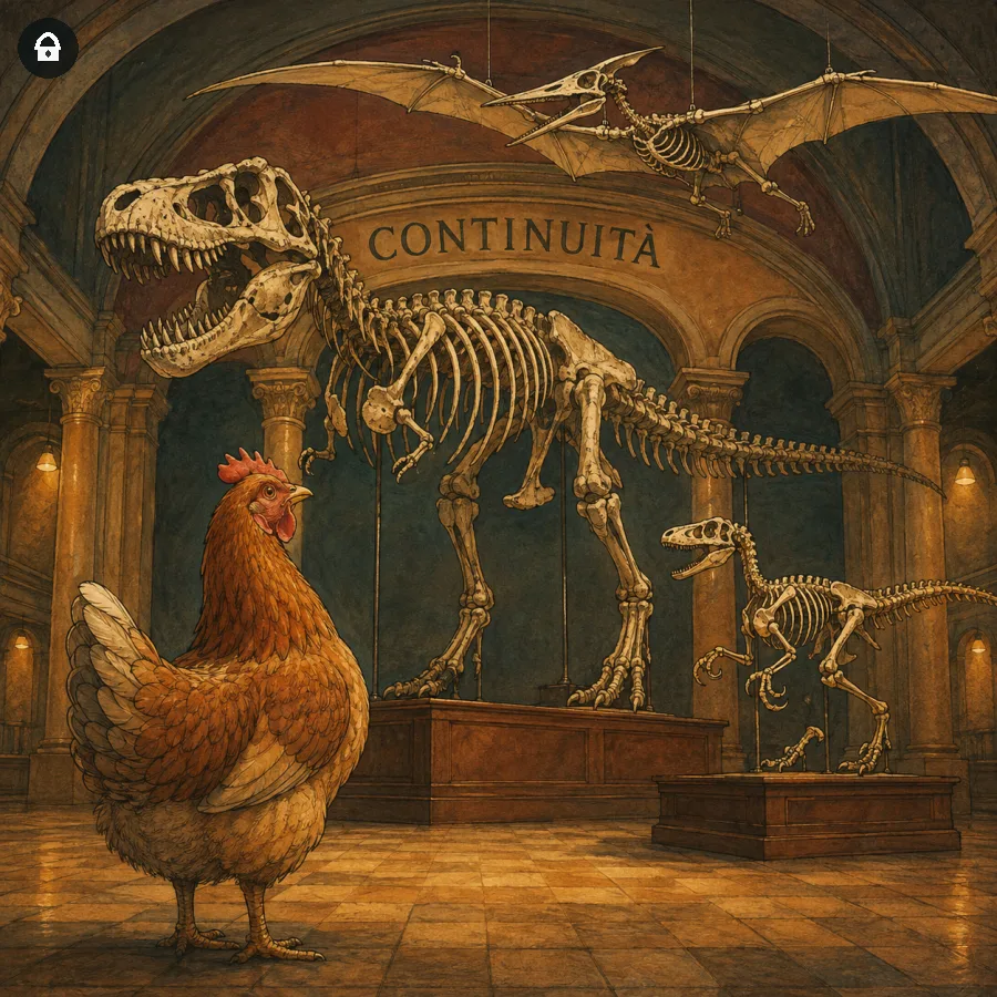 Lazy Paint: Gallina fiera osserva al museo gli scheletri dei suoi antenati dinosauri.