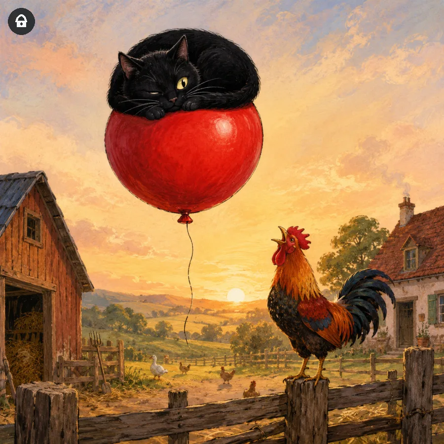 Lazy Paint: Gatto in equilibrio su un palloncino osservato da un gallo.