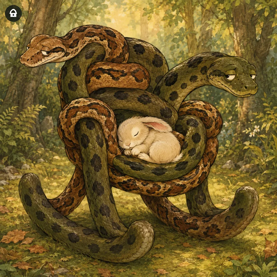 Lazy Paint: Boa e anaconda formano una sedia a dondolo per un coniglietto addormentato.