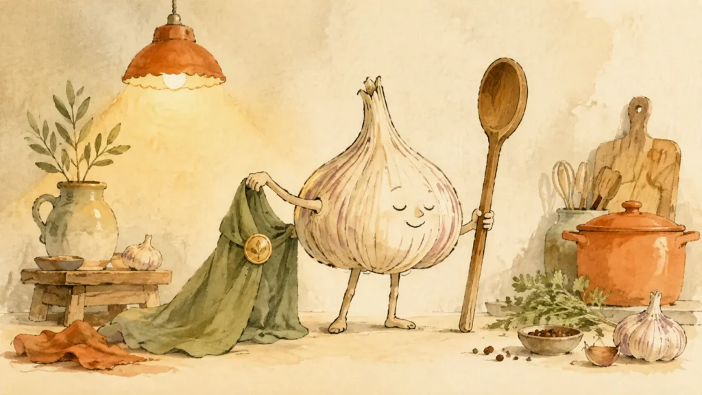 Aglio propriet&agrave; e benefici: spicchio antropomorfo posa il mantello da guaritore e prende un mestolo in stile LazyFitness.