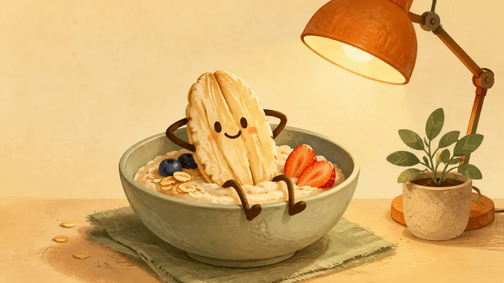 Avena proprietà e benefici: fiocco d’avena antropomorfo seduto in una ciotola con mirtilli e fragole sotto una lampada.