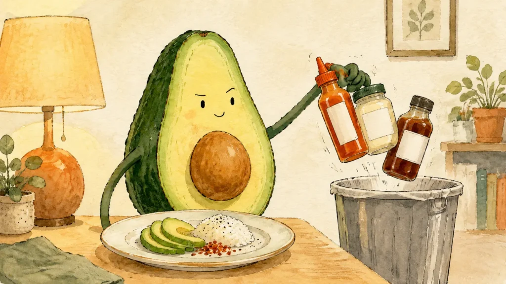 Avocado propriet&agrave; e benefici: illustrazione LazyFitness su grassi monoinsaturi e porzione.