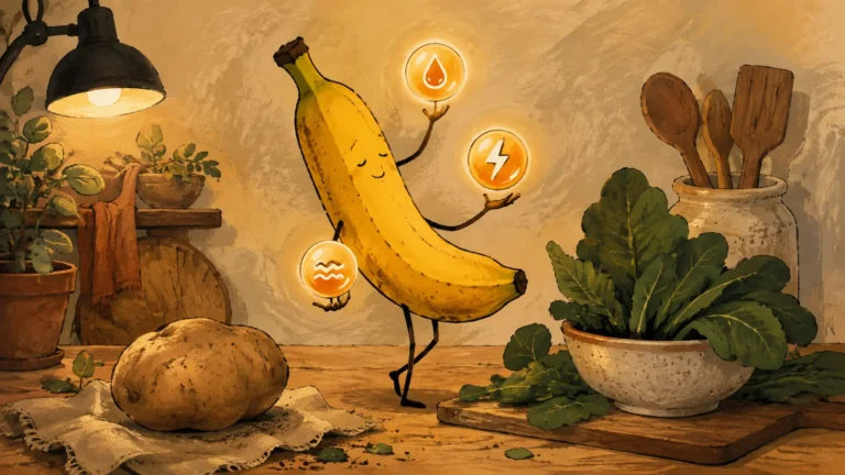 Banana propriet&agrave; e benefici: banana antropomorfa in equilibrio accanto a patata e verdure a foglia, con tre icone sul potassio.
