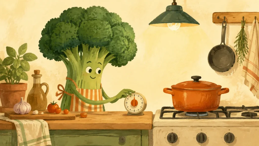 Broccoli propriet&agrave; e benefici: broccolo antropomorfo imposta un timer accanto a gambo e cimette in una cucina Lazy 2D.