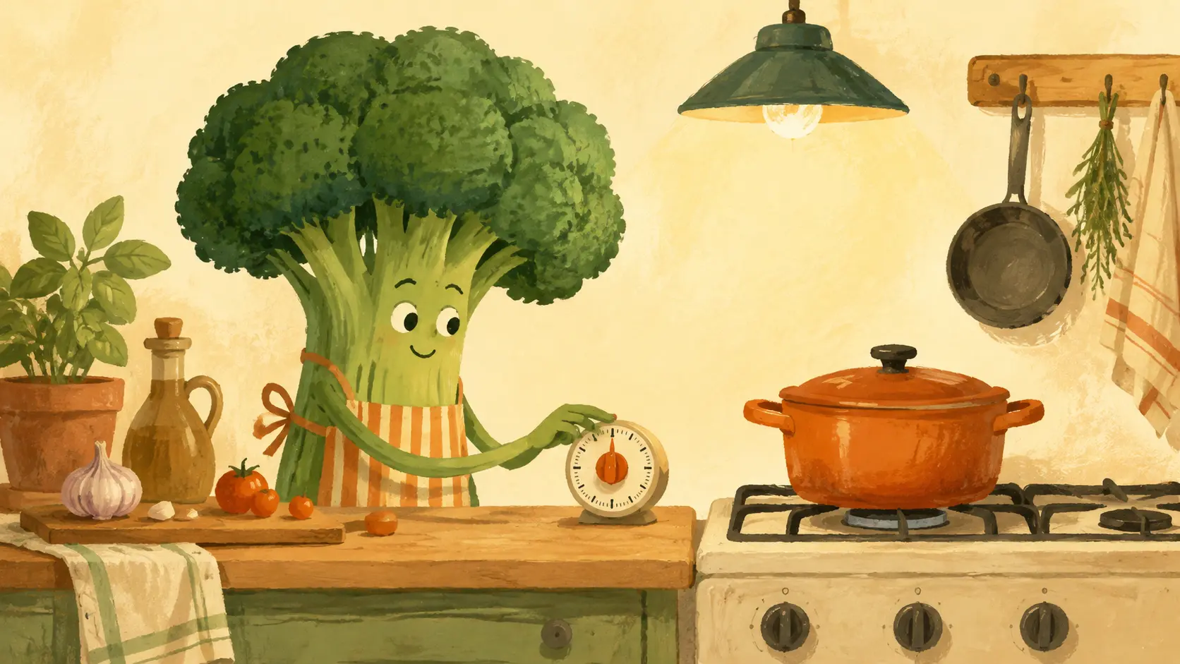Broccoli proprietà e benefici: broccolo antropomorfo imposta un timer accanto a gambo e cimette in una cucina Lazy 2D.