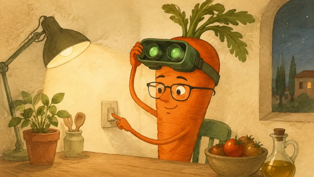 Carote proprietà e benefici: carota antropomorfa spegne un visore notturno e torna al normale lavoro di verdura in stile Lazy 2D.