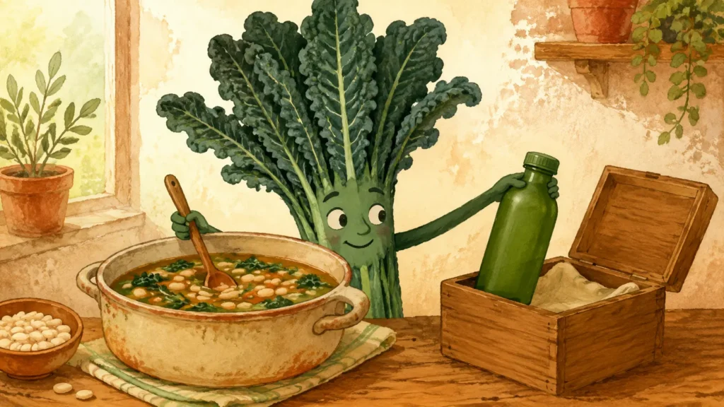 Cavolo nero propriet&agrave;: personaggio che accantona una bottiglia detox e mescola una zuppa con fagioli.