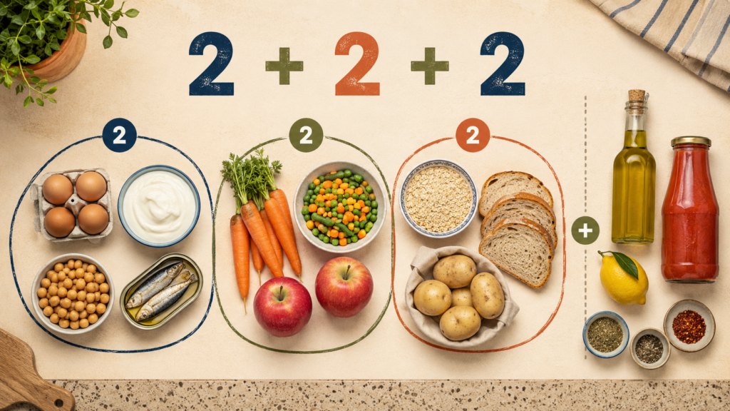Spesa anti collasso con metodo 2-2-2: proteine, frutta, verdura, carboidrati e condimenti semplici