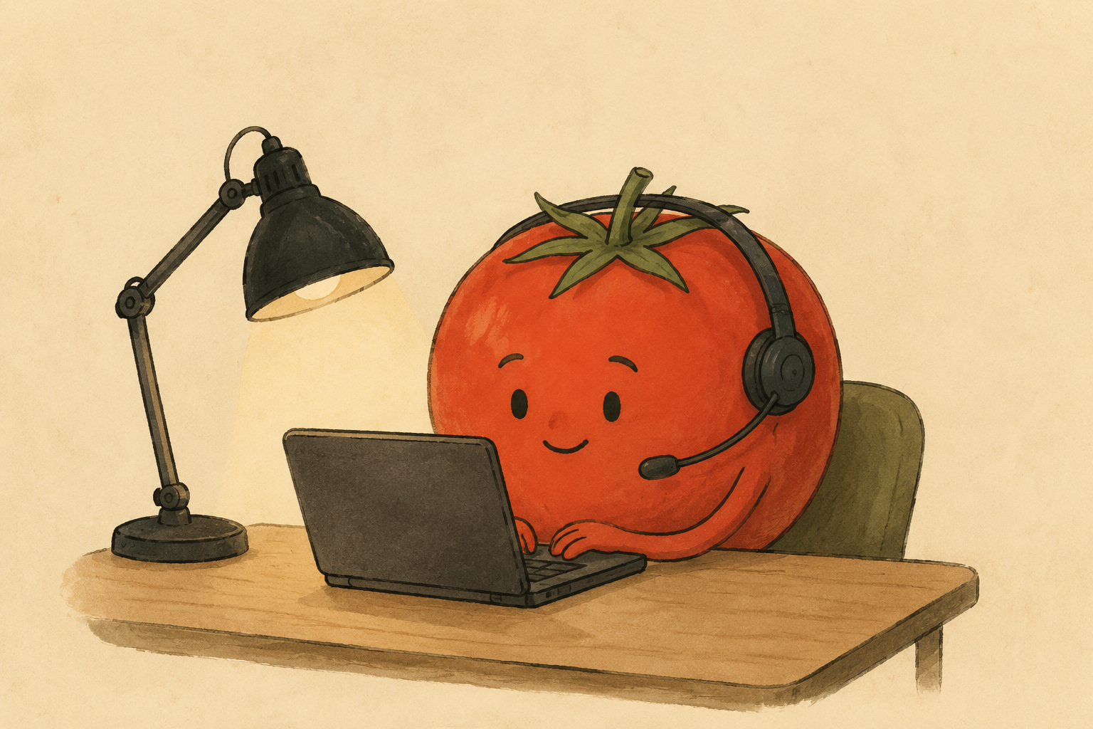 Pomodoro antropomorfo con auricolare al laptop sotto una lampada