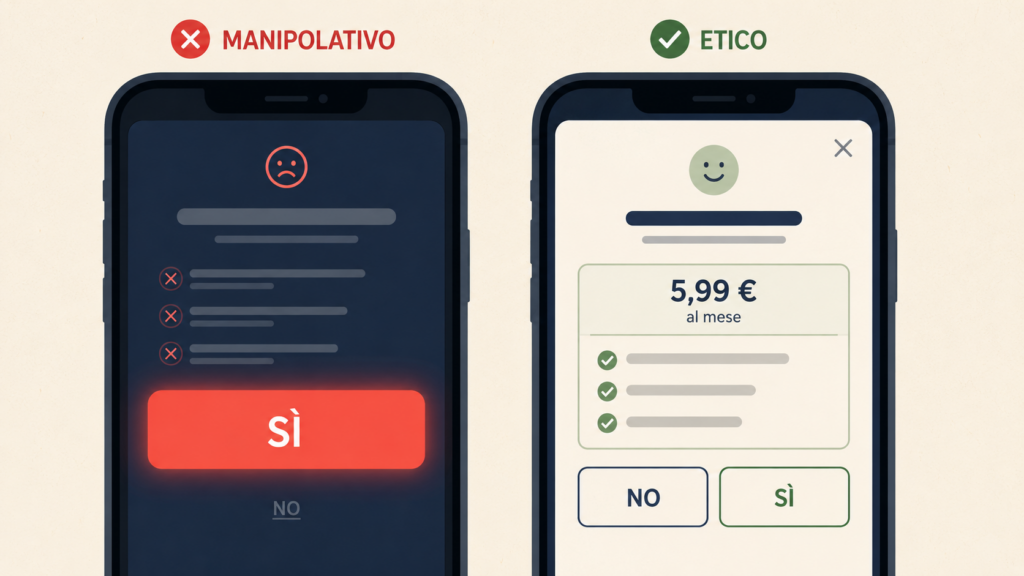 Dark pattern: confronto tra scelta manipolativa e interfaccia etica con s&igrave; e no equivalenti