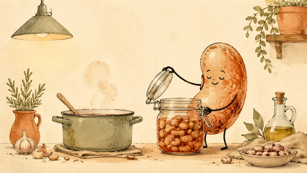 Fagioli propriet&agrave; e benefici: illustrazione LazyFitness su barattolo, risciacquo e scelta pratica.