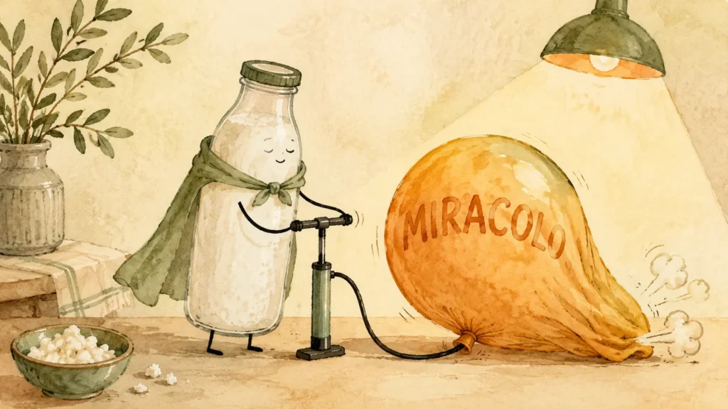 Kefir proprietà e benefici: illustrazione LazyFitness che sgonfia il palloncino del miracolo.