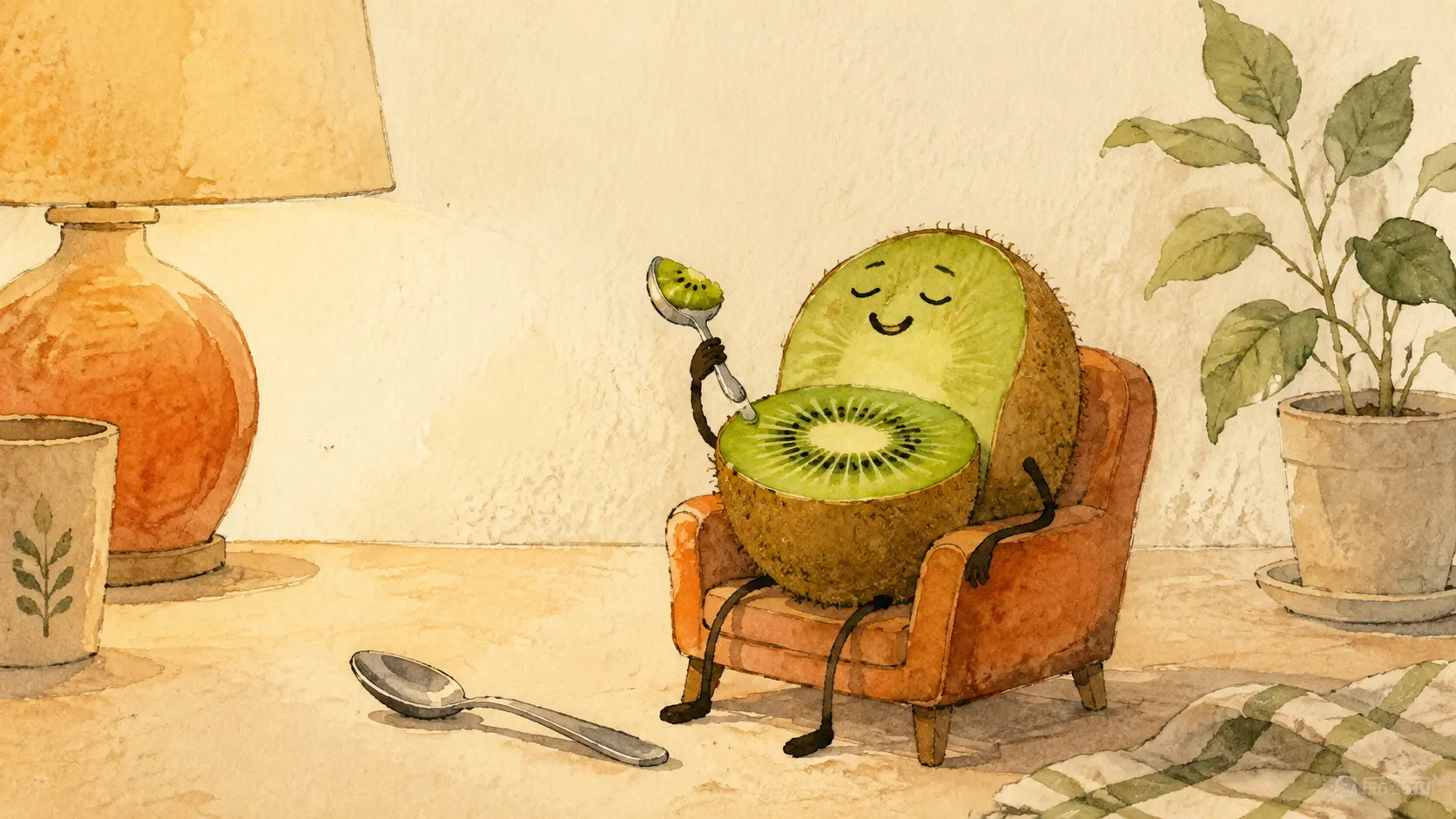 Kiwi proprietà e benefici: illustrazione LazyFitness su vitamina C, intestino e porzione.