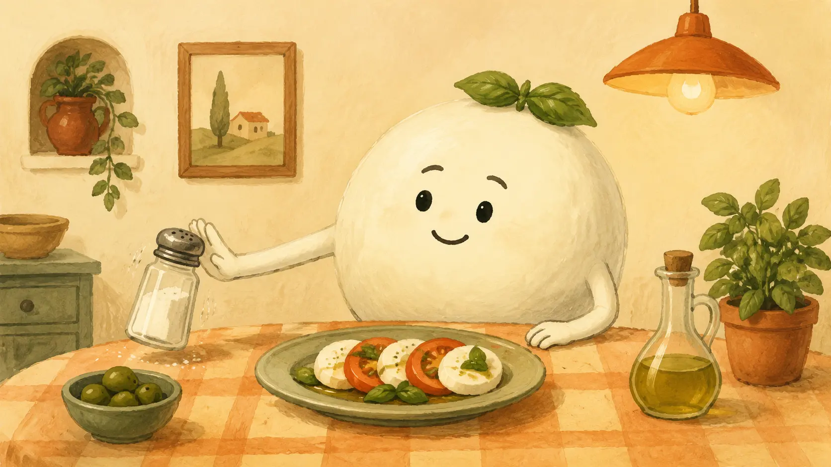 Mozzarella proprietà: mozzarella antropomorfa sposta una saliera accanto a pomodoro e pane sotto la lampada Lazy.