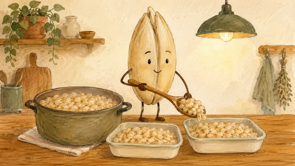 Orzo proprietà e benefici: personaggio che divide una pentola in due contenitori per preparare due pasti.