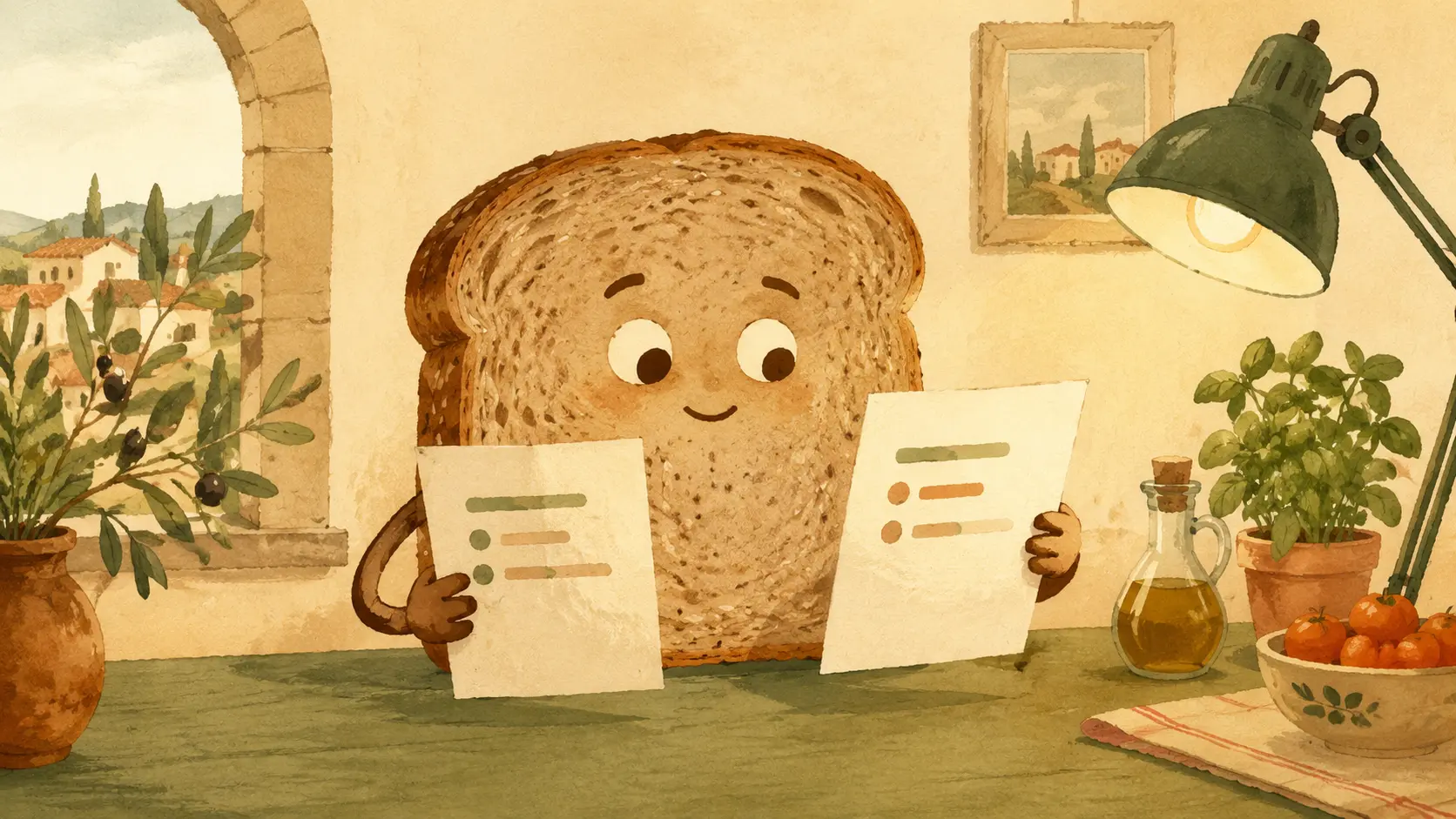 Pane integrale benefici: fetta antropomorfa confronta due liste ingredienti sotto una lampada in stile Lazy 2D.