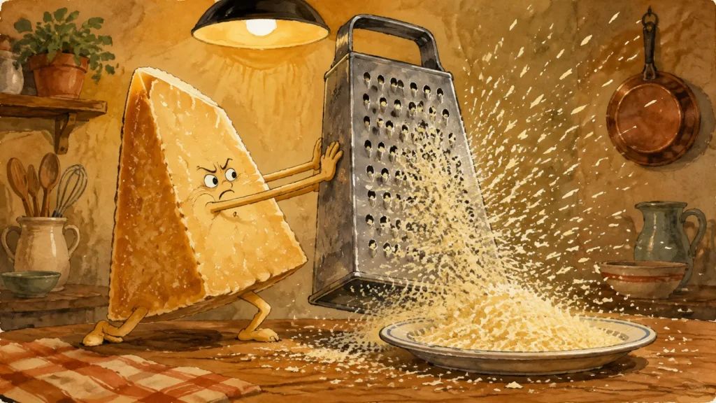Parmigiano propriet&agrave;: spicchio-personaggio che ferma una grattugia durante una nevicata eccessiva di formaggio.