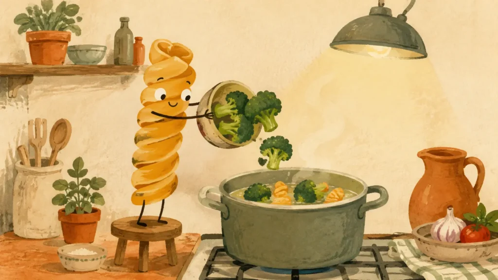 Pasta proprietà e benefici: fusillo antropomorfo aggiunge broccoli nella pentola sotto una lampada in stile Lazy 2D.