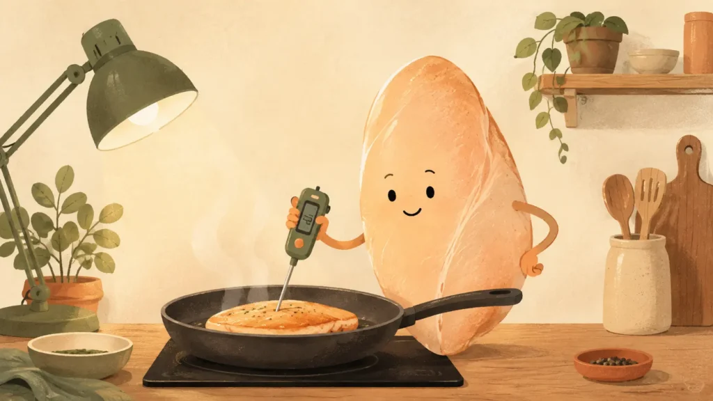 Petto di pollo propriet&agrave;: petto antropomorfo controlla con un termometro la cottura in una cucina Lazy 2D.