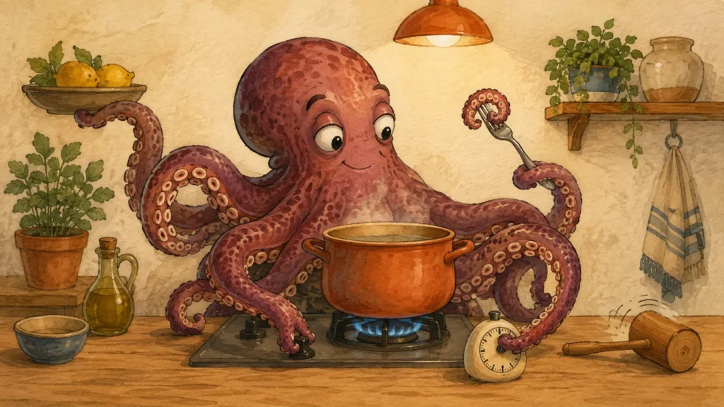 Polpo propriet&agrave;: mollusco illustrato che controlla una confezione accanto a freezer, pentola e verdure.