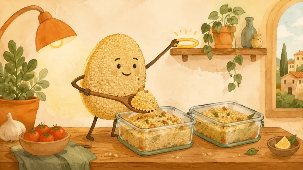 Quinoa proprietà e benefici: seme antropomorfo divide due porzioni e mette una piccola aureola sullo scaffale.