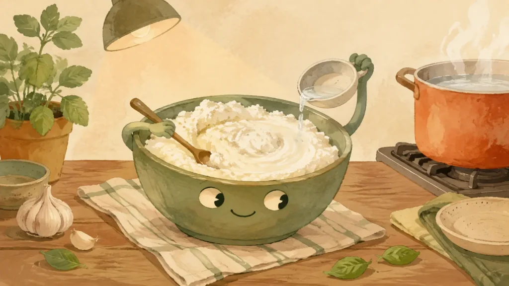 Ricotta proprietà e benefici: ciotolina di ricotta antropomorfa si trasforma in crema con poca acqua di cottura sotto la lampada Lazy.