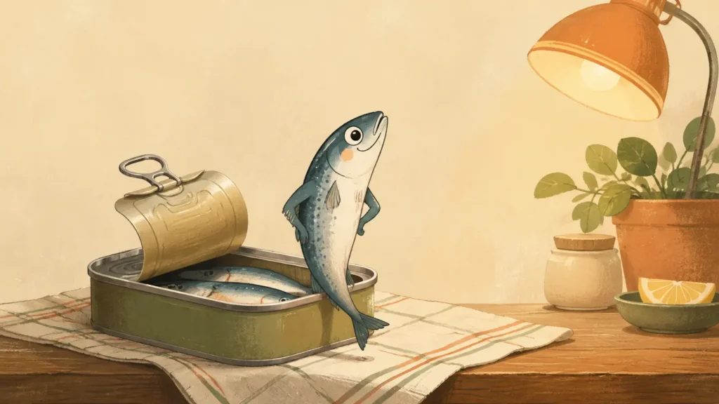 Sardine proprietà e benefici: una piccola sardina orgogliosa esce da una scatoletta ordinata sotto la lampada Lazy.