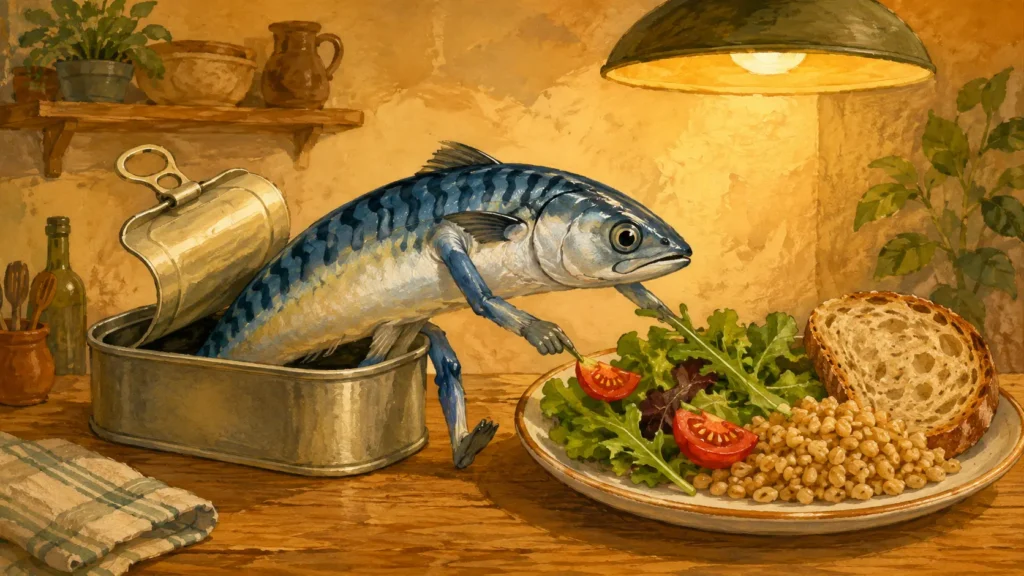 Sgombro propriet&agrave; e benefici: personaggio che esce dalla scatoletta e completa un piatto con verdure e cereali.