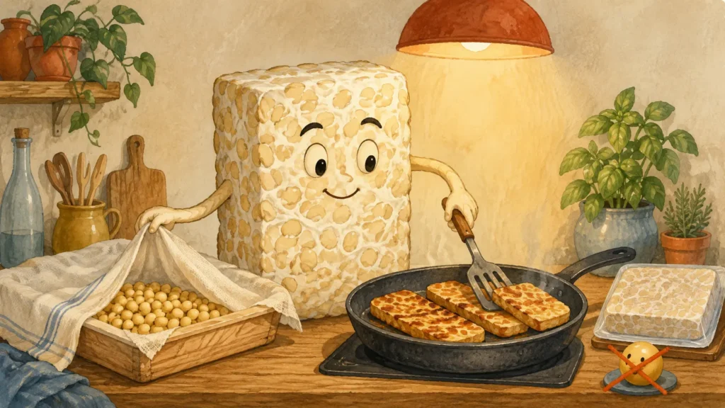 Tempeh proprietà: panetto di soia intero e a fette rosolate con la struttura dei semi visibile.