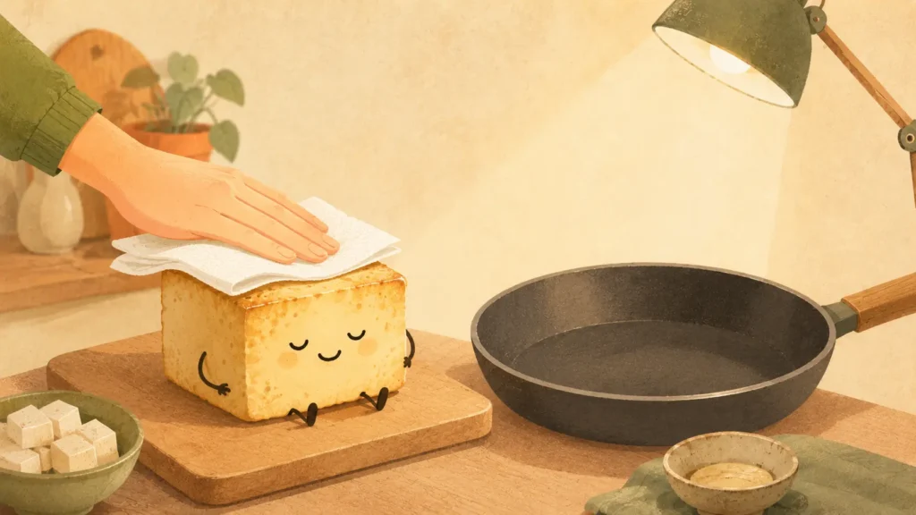 Tofu proprietà e benefici: cubetto antropomorfo tamponato sul tagliere prima di entrare nella padella vuota.