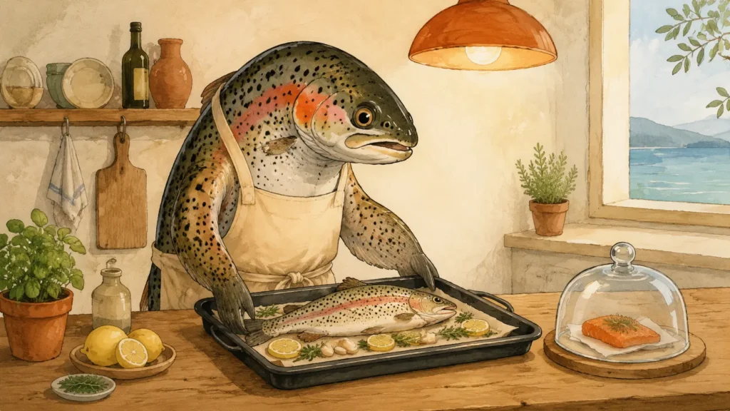 Trota propriet&agrave; e benefici: pesce illustrato accanto a etichetta, omega-3 e indicazioni di cottura sicura.