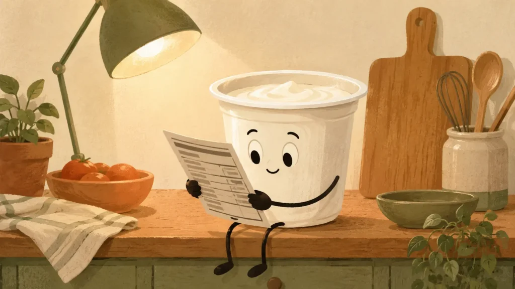 Yogurt bianco benefici: vasetto antropomorfo che legge la propria etichetta sul piano della cucina sotto una lampada calda.